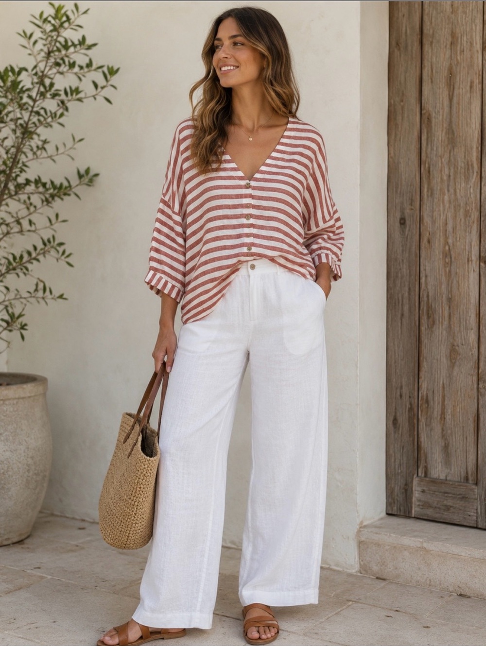 Rachel Zoe 100% Linen Red White Striped Button Front Blouse XL